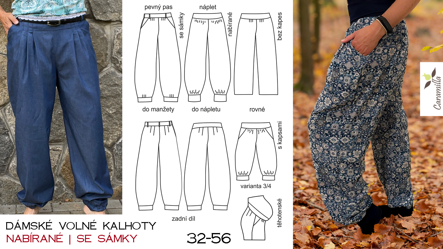 Dámské volné kalhoty (nabírané, se sámky) – střih a návod (32-56)