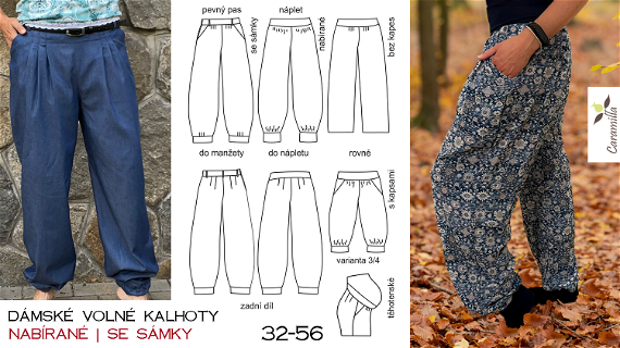 Dámské volné kalhoty (nabírané, se sámky) – střih a návod (32-56)