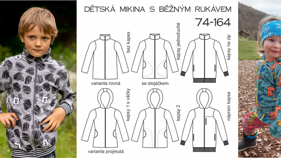 Mikina s běžným rukávem (stojáček/kapuce) – 74-164 (střih a návod)