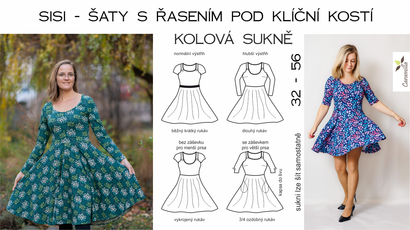 Sisi – šaty s řasením pod klíční kostí a kolovou sukní do pasu 32-56 (střih a návod)