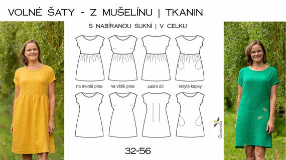 Volné šaty s přinechaným rukávem 32 – 56 (Střih a návod)