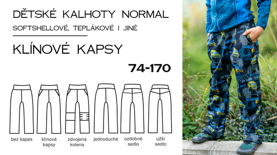 Dětské (nejen) softshellové kalhoty NORMAL – s klínovými kapsami (74-170)